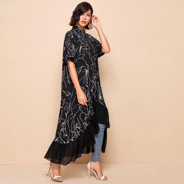 

Graphic Print Ruffle Hem Abaya, Black
