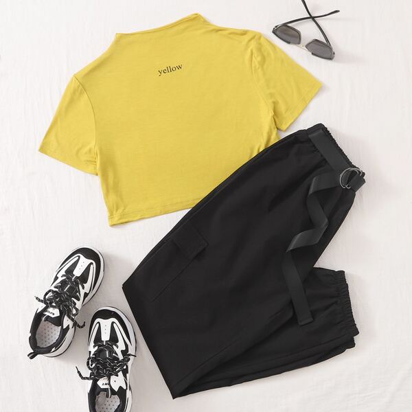 

Letter Graphic Tee & Belted Sweatpants, Multicolor