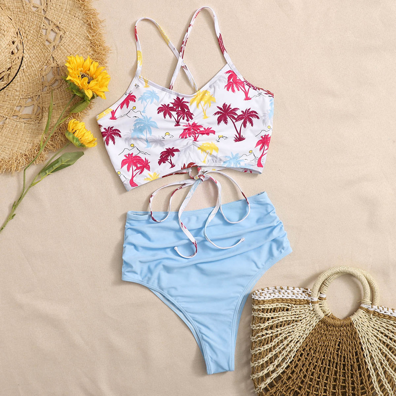 

Palm Print High Waisted Bikini Swimsuit, Multicolor