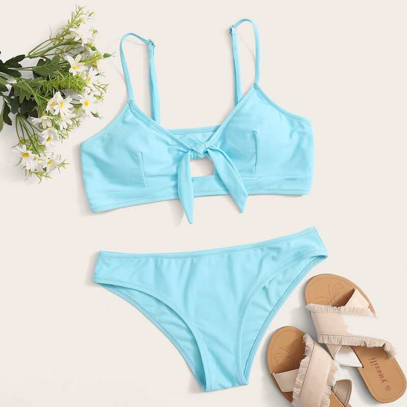 

Knot Front Bikini Swimsuit, Blue