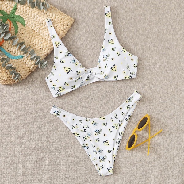 

Floral Twist High Cut Bikini Swimsuit, White
