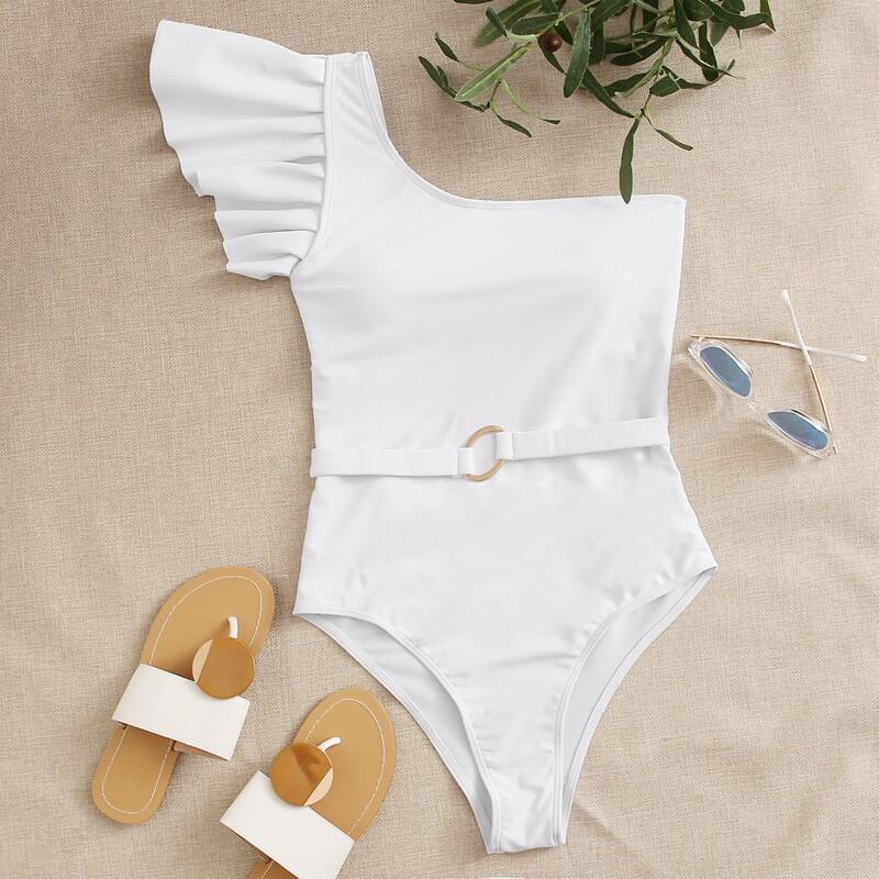 

Ruffle Detail Belted One Piece Swimsuit, White