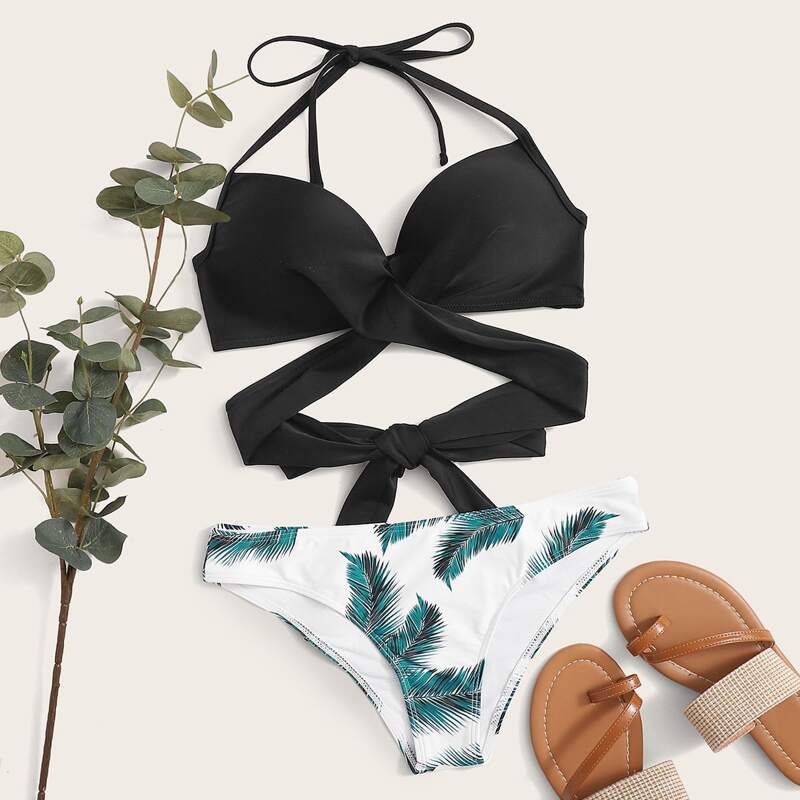 

Palm Print Wrap Halter Bikini Swimsuit, Multicolor