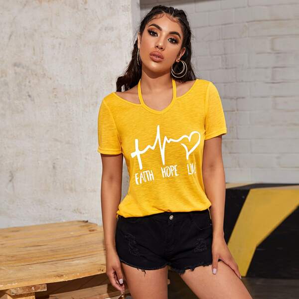 

Cutout Neck Slogan Graphic Tee, Yellow