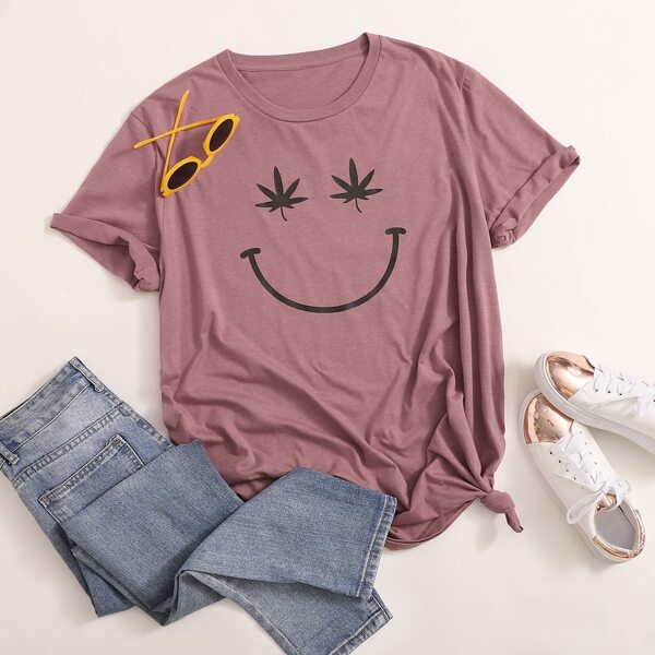 

Plus Leaf & Expression Print Tee, Pink