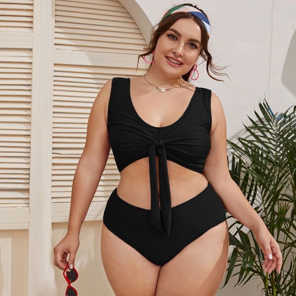 

Plus Knot Front High Waisted Bikini Swimsuit, Black