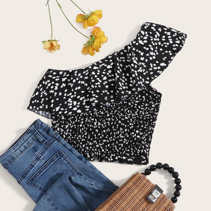 

Allover Print One Shoulder Shirred Top, Black