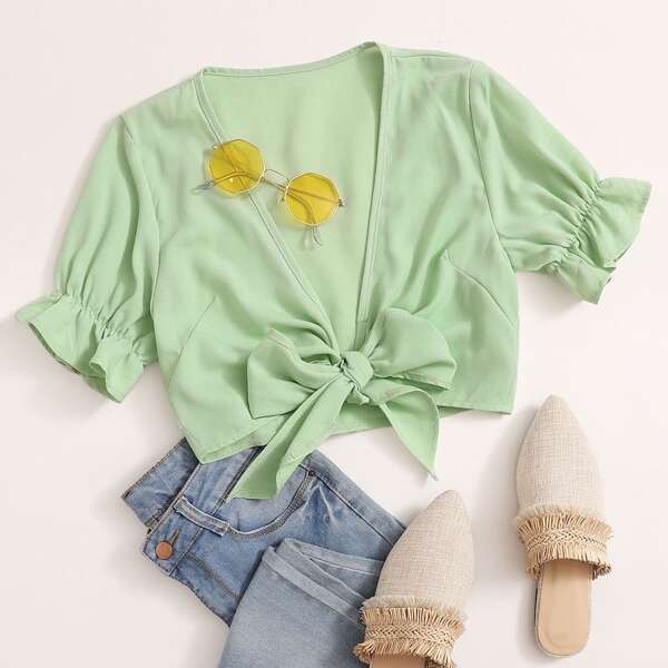 

Tie Front Flounce Sleeve Crop Top, Green