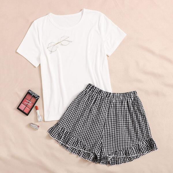 

Solid Tee & Ruffle Hem Gingham Shorts, Black and white