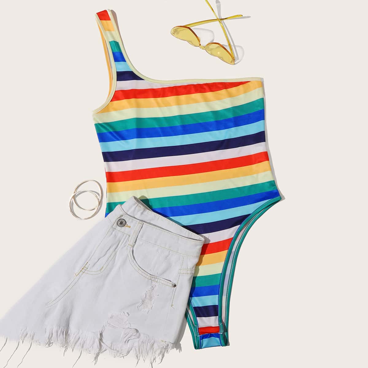 

One Shoulder Multi-stripe Bodysuit, Multicolor