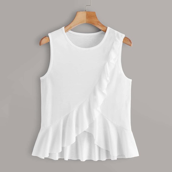 

Ruffle Trim High Low Tank Top, White