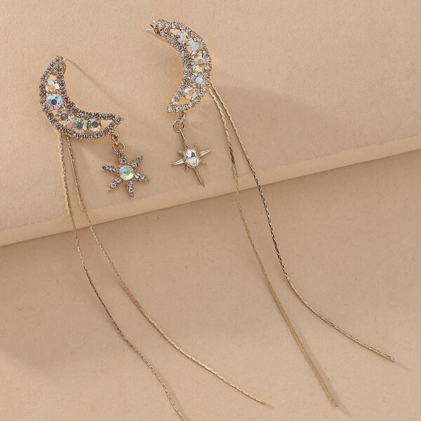 

1pair Rhinestone Engraved Moon Decor Long Strip Drop Earrings, Gold