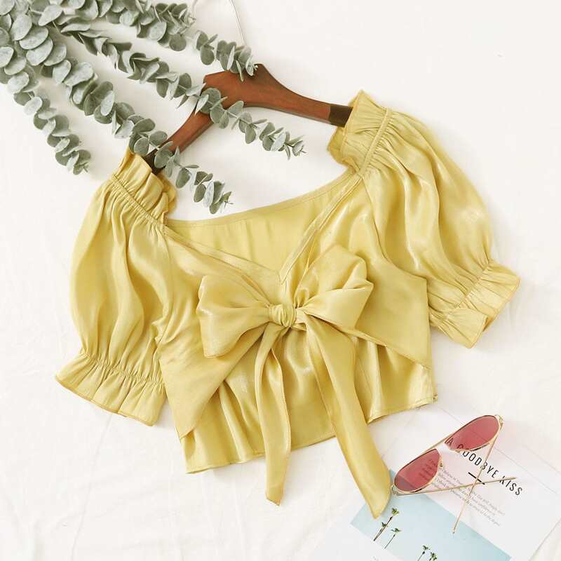 

Ruffle Trim Tie Front Crop Top, Yellow pastel