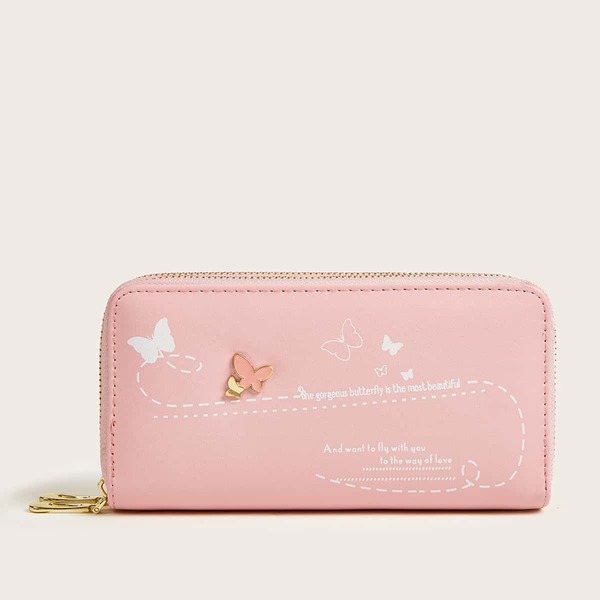 

Butterfly Print Metal Decor Zip Around Purse, Pink