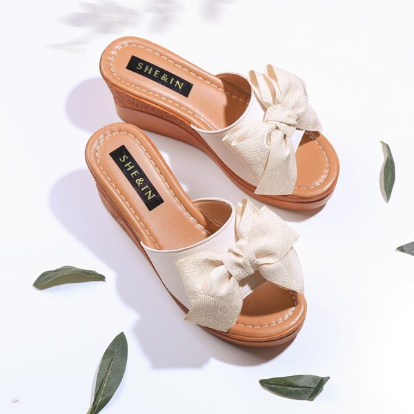 

Bow Decor Wedge Mules, Beige