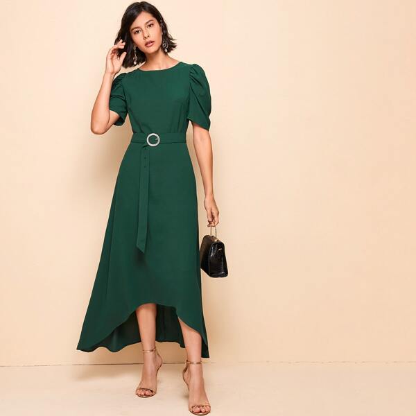 

Puff Sleeve O-ring Belted Dip Hem Dress, Green