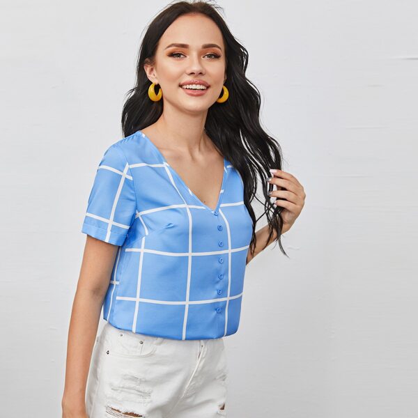

V-neck Button Front Grid Top, Blue