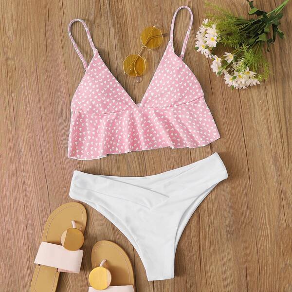 

Heart Print Ruffle Trim Bikini Swimsuit, Multicolor