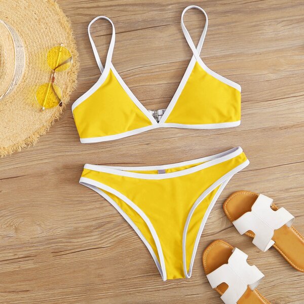 

Contrast Binding Bikini Swimsuit, Yellow