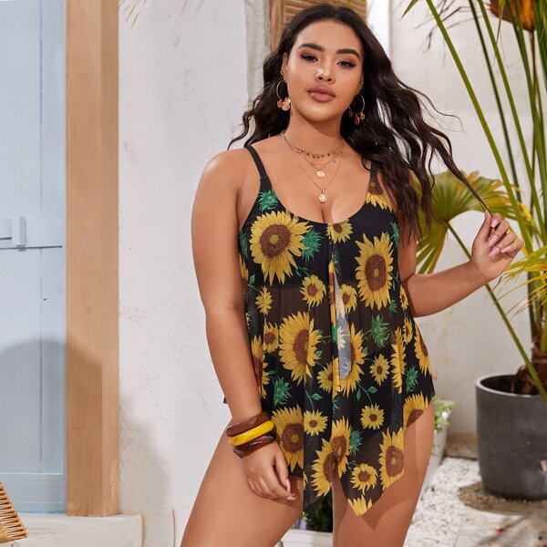

Plus Sunflower Print Mesh Bikini Swimsuit, Multicolor
