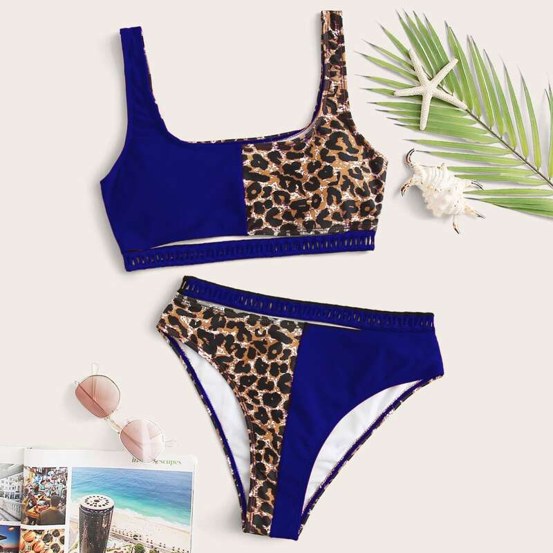 

Contrast Leopard Hollow-out Trim Bikini Swimsuit, Multicolor