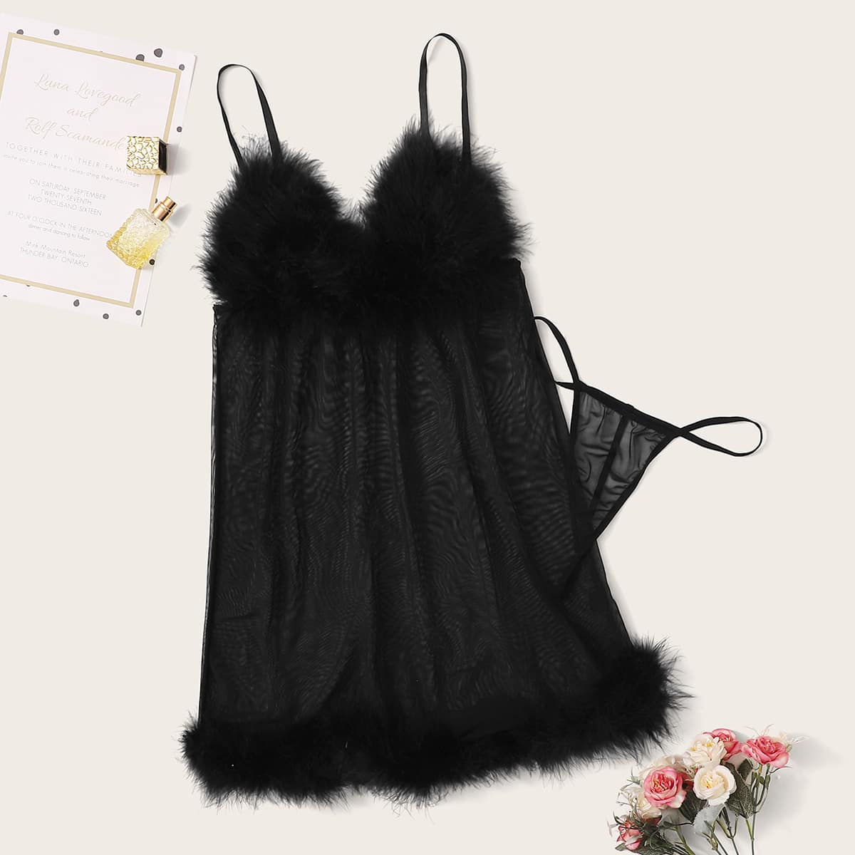 

Faux Fur Sheer Mesh Slips With Thong, Black