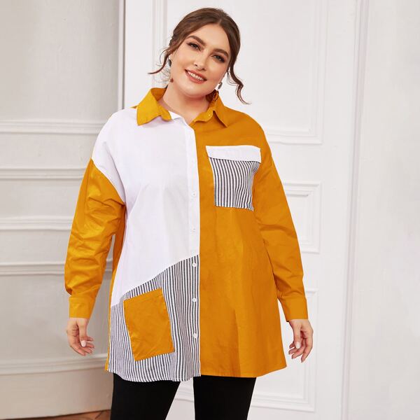 

Plus Flap Pocket Patched Color Block Blouse, Multicolor