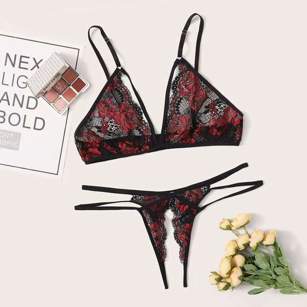 

Floral Lace Crotchless Lingerie Set, Multicolor