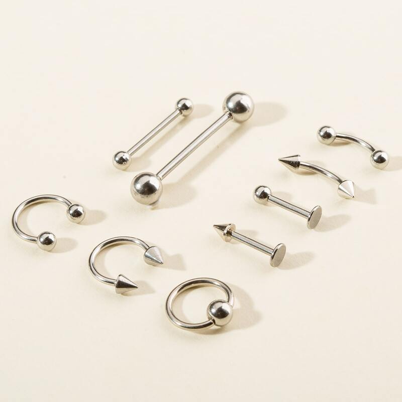 

9pcs Guys Simple Nose Ring, Silver