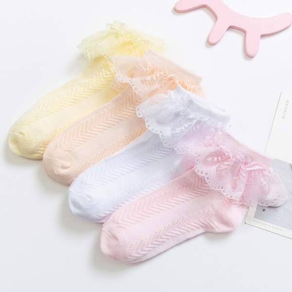 

4pairs Girls Mesh Trim Socks, Multicolor