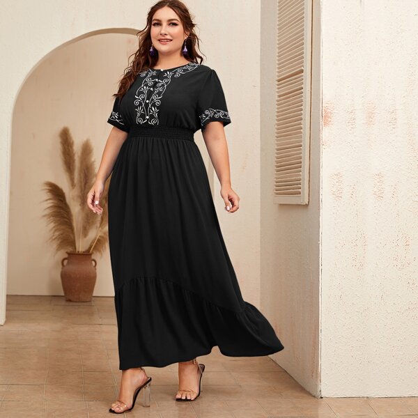 

Plus Button Front Shirred Waist Tribal Print Dress, Black
