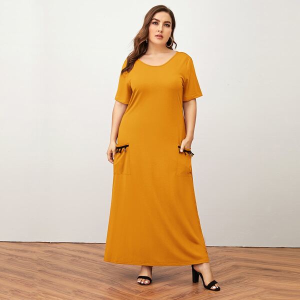 

Plus Tassel Tape Patch Pocket Maxi Dress, Yellow