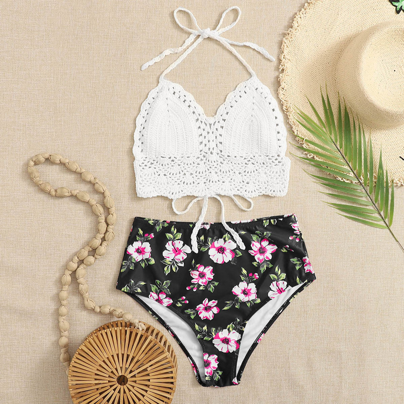 

Floral Crochet Halter Bikini Swimsuit, Multicolor
