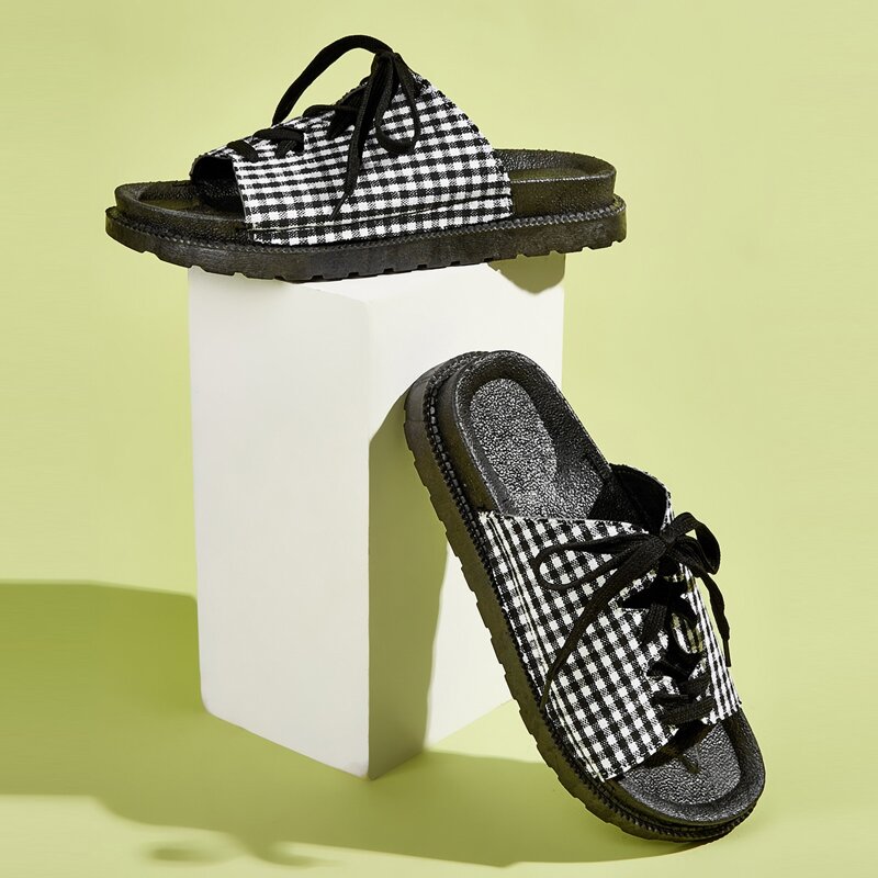 

Gingham Lace-up Front Sliders, Black