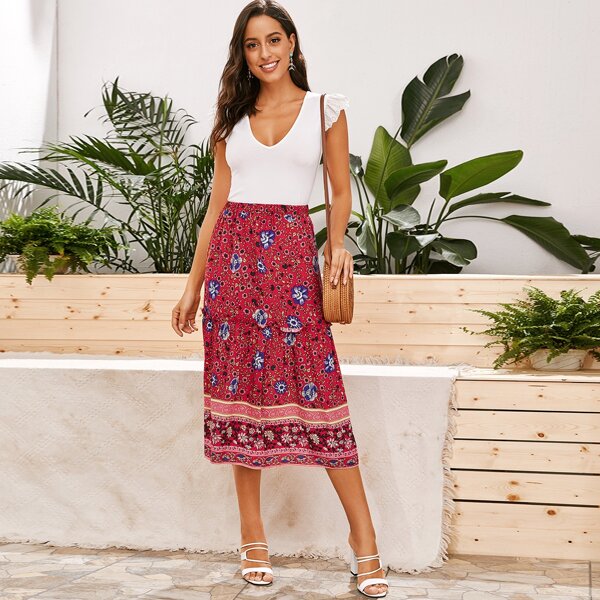 

Floral and Tribal Print Frill Trim Skirt, Red