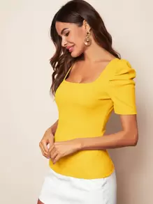 SHEIN Clasi Puff Sleeve Rib-knit Solid Top - Yellow - View 4