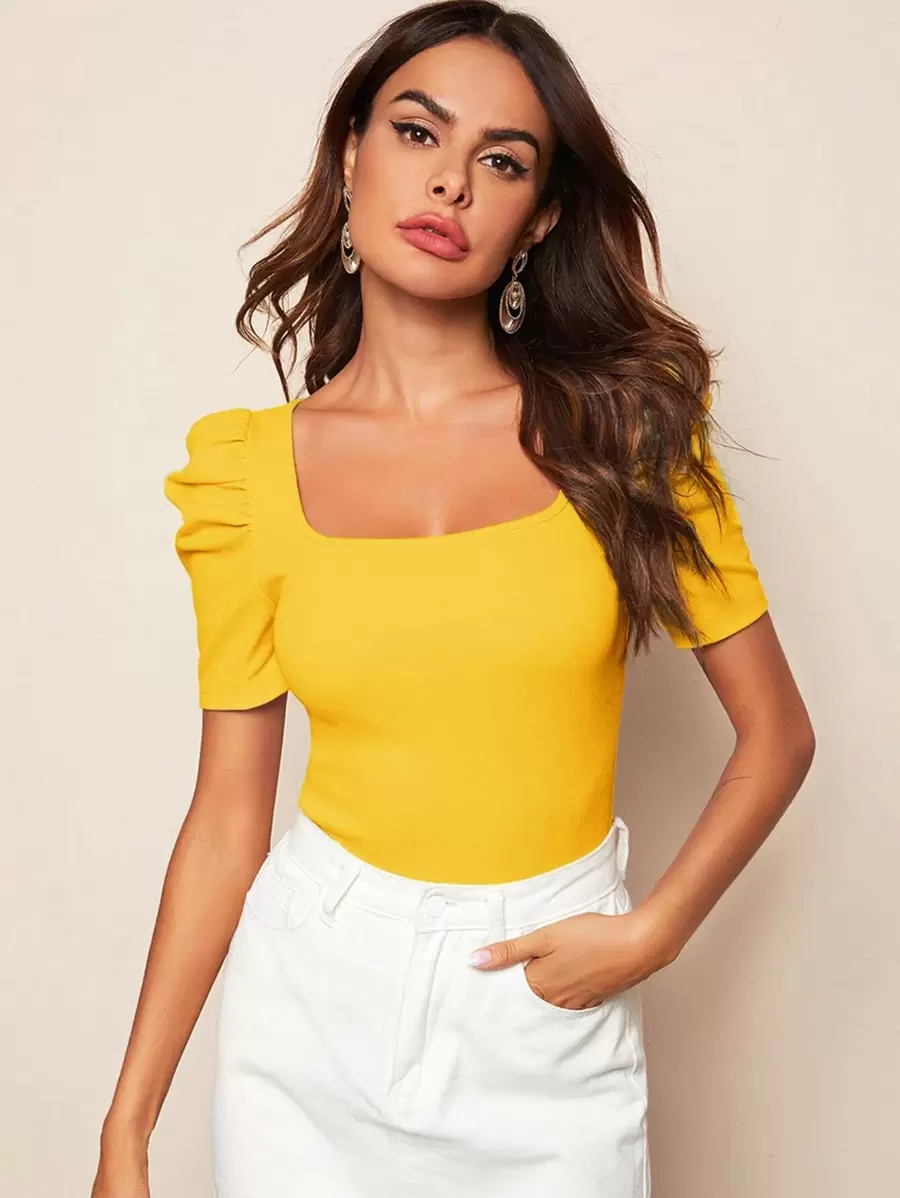 SHEIN Clasi Puff Sleeve Rib-knit Solid Top - Yellow - View 1