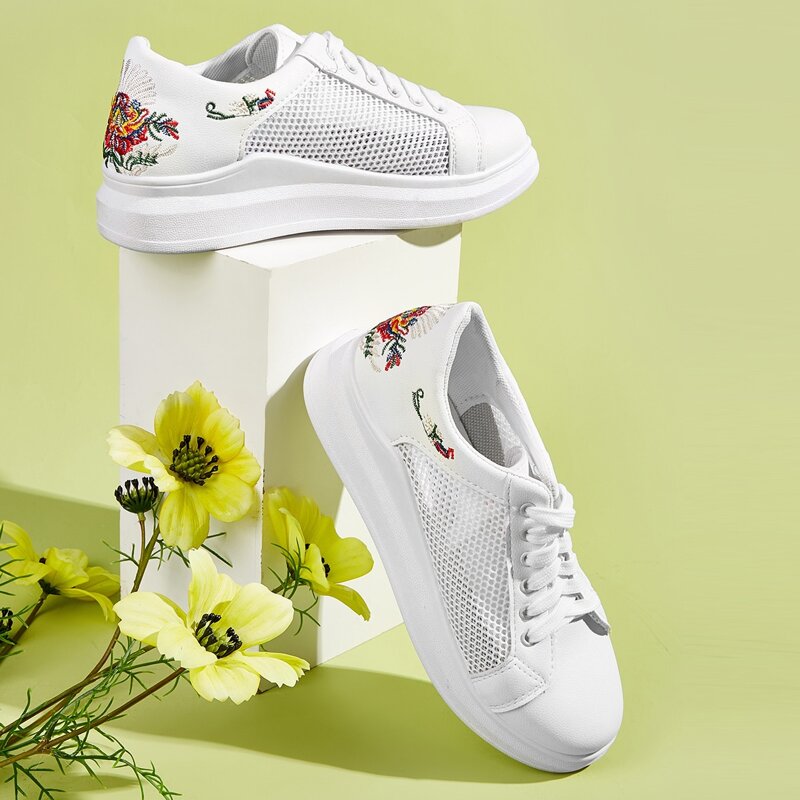 

Floral Embroidery Lace-up Mesh Sneakers, White