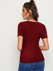 SHEIN Essnce V Neck Rib-knit Top - Burgundy - View 2