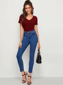 SHEIN Essnce V Neck Rib-knit Top - Burgundy - View 3