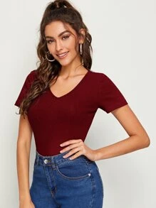 SHEIN Essnce V Neck Rib-knit Top - Burgundy - View 4