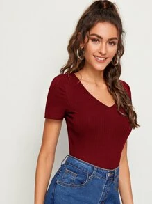 SHEIN Essnce V Neck Rib-knit Top - Burgundy - View 5