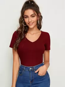 SHEIN Essnce V Neck Rib-knit Top - Burgundy - View 1