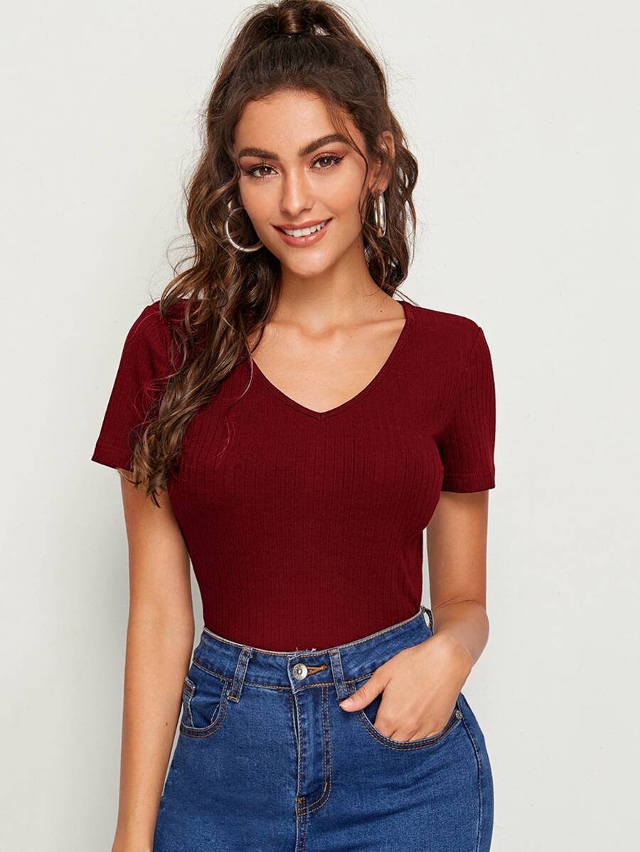 SHEIN Essnce V Neck Rib-knit Top - Burgundy - View 1