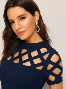 SHEIN Privé Top unicolor con abertura - Azul Marino - Ver 5