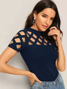 SHEIN Privé Top unicolor con abertura - Azul Marino - Ver 1