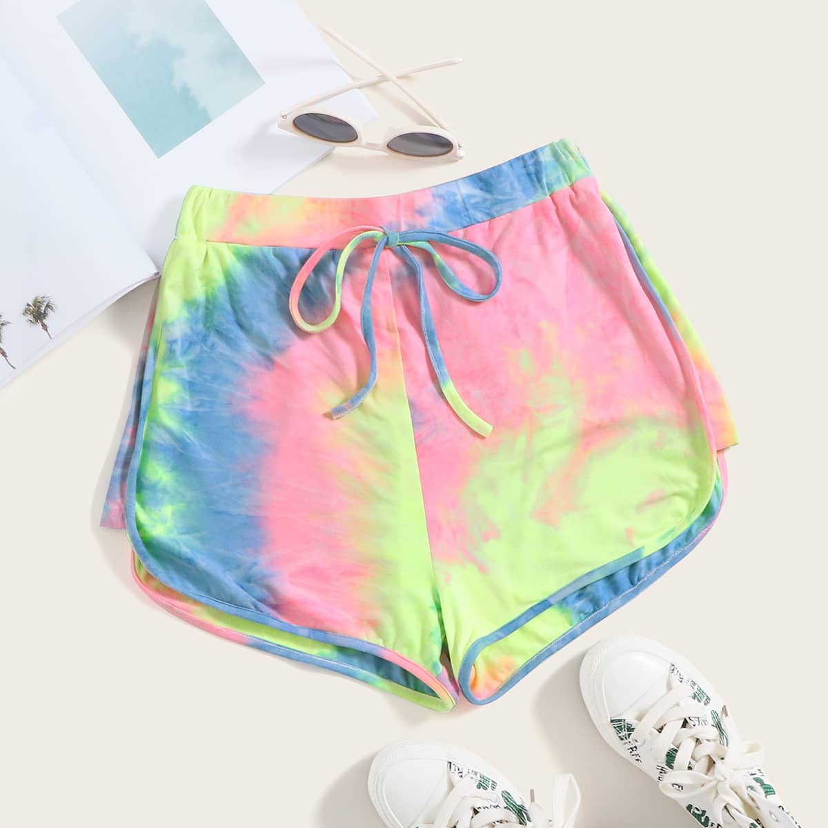 

Knot Front Tie Dye Track Shorts, Multicolor