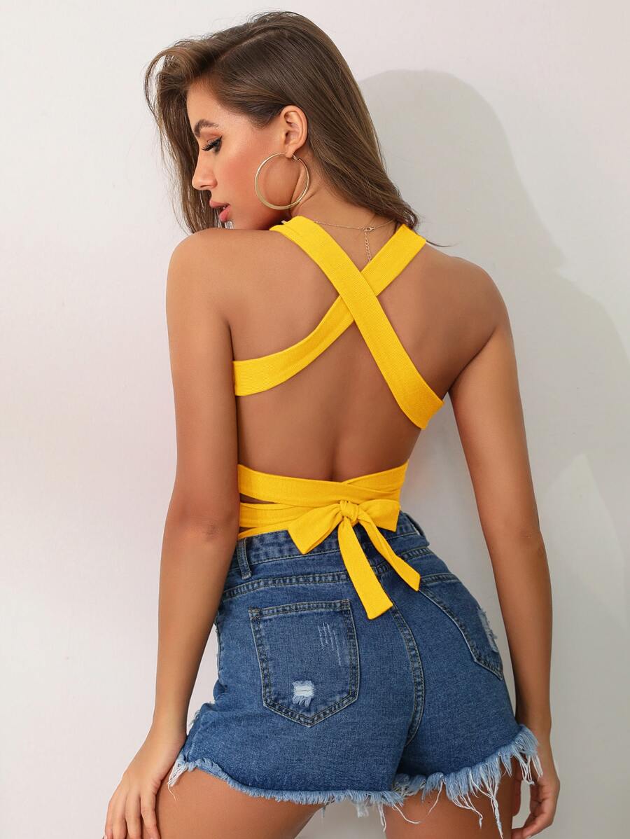 SHEIN Privé Crisscross Tie Backless Crop Cami Top