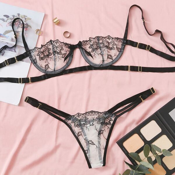 

Floral Embroidery Push Up Lingerie Set, Black and white
