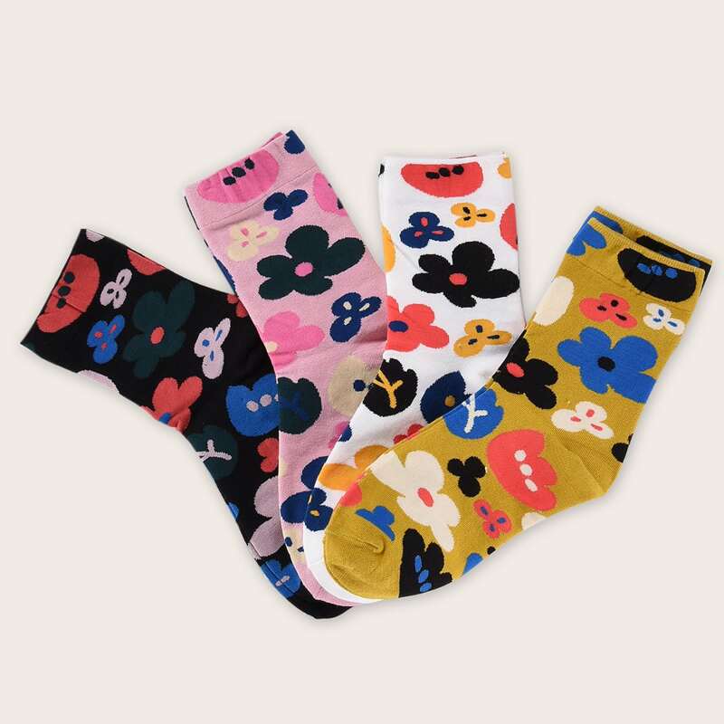 

4pairs Flower Pattern Socks, Multicolor